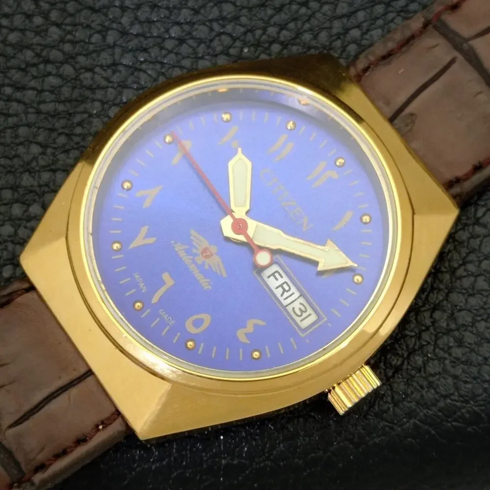 Vintage 1976 Citizen Automatic Mens Gold Watch W/daydate & Blue accents